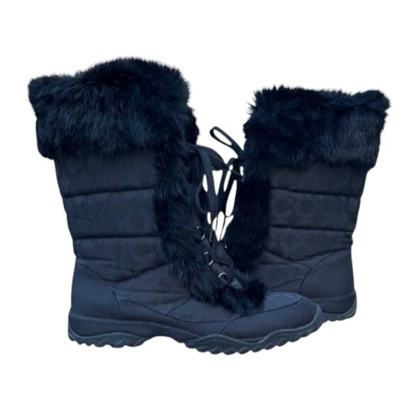 Coach Monogram Jennie Rabbit Fur Trim Winter Snow Boots Black Logo Jacquard 8.5 - Picture 1 of 15